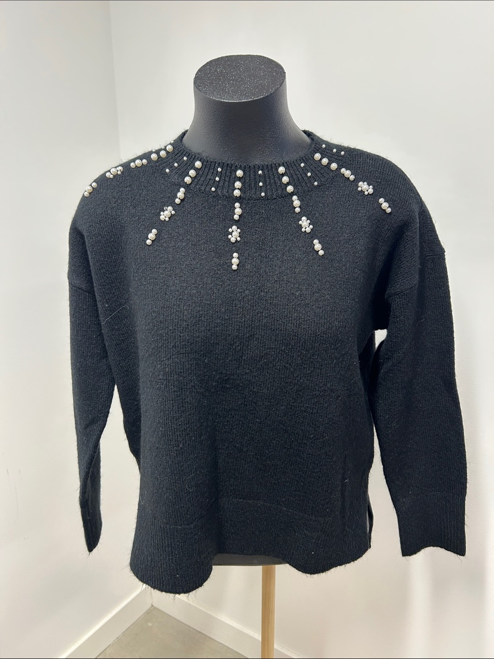 LOFT Outlet Black Pearl Embellished Neckline Pullover Sweater
